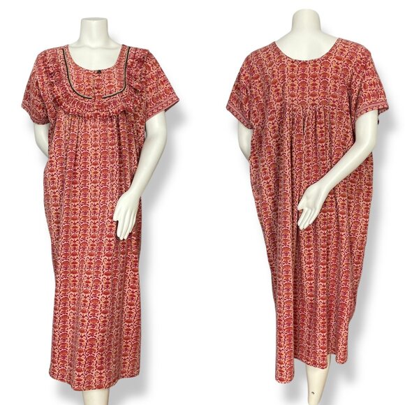 Handmade Muumuu Dress Batik Ruffle Neckline Short Sleeve Red Yellow Women Mumu - Picture 1 of 9